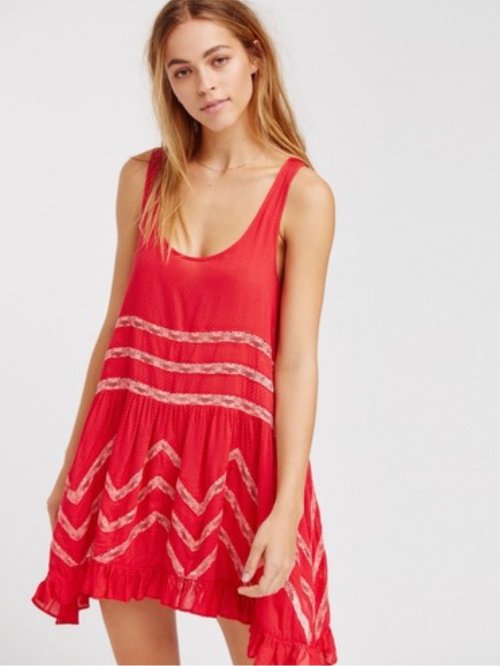 Free People Voile & Lace Trapeze Slip medium Cherry Red Orange Coral mini dress